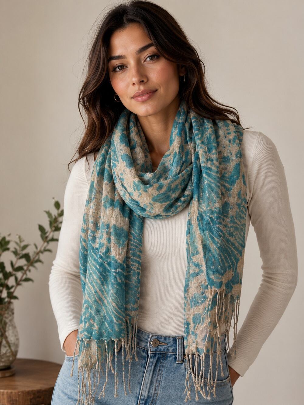 Blue & White Print Scarf Lightweight Fringe Boho Festival Indie Trending